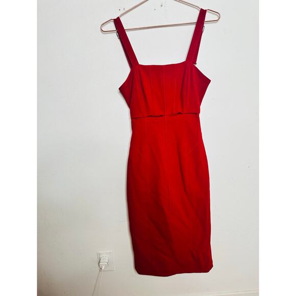 CINQ A SEPT Red Square Neck Back Cutouts Sleeveless Dakota Midi Dress size 4 - Picture 2 of 16